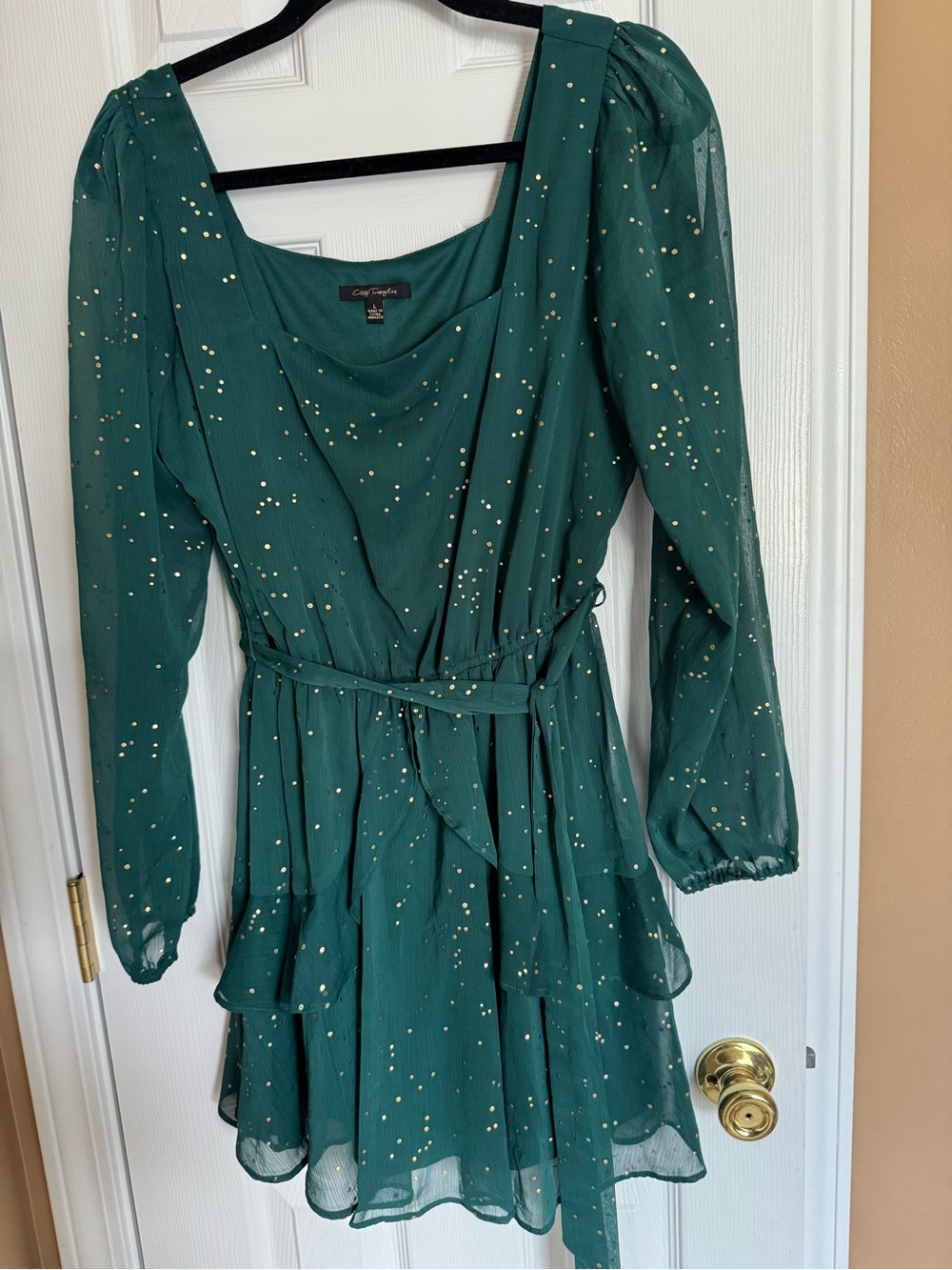 City Triangles Emerald Green Long Sleeve Dress with Gold Dot Accents